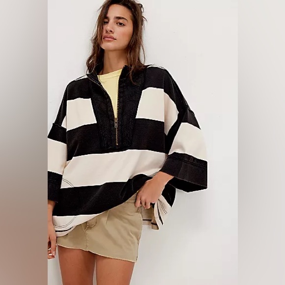 Free People Tops - New Free People We The Free Seaside Funnel Pullover Sweatshirt Black/Cream XL